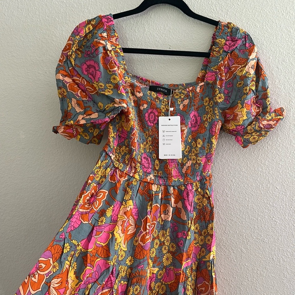 Orange and Pink Puff Sleeve boho Sundress - Picture 8 of 12